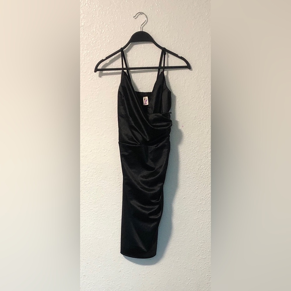 Source Unknown Black Satin Ruched Mini Dress with Spaghetti Straps